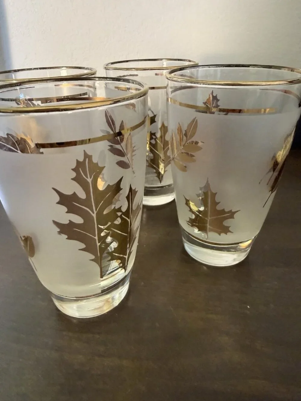 5 Vintage Libby Glass Company Tumblers Golden Foliage Pattern Frost Finish 22K